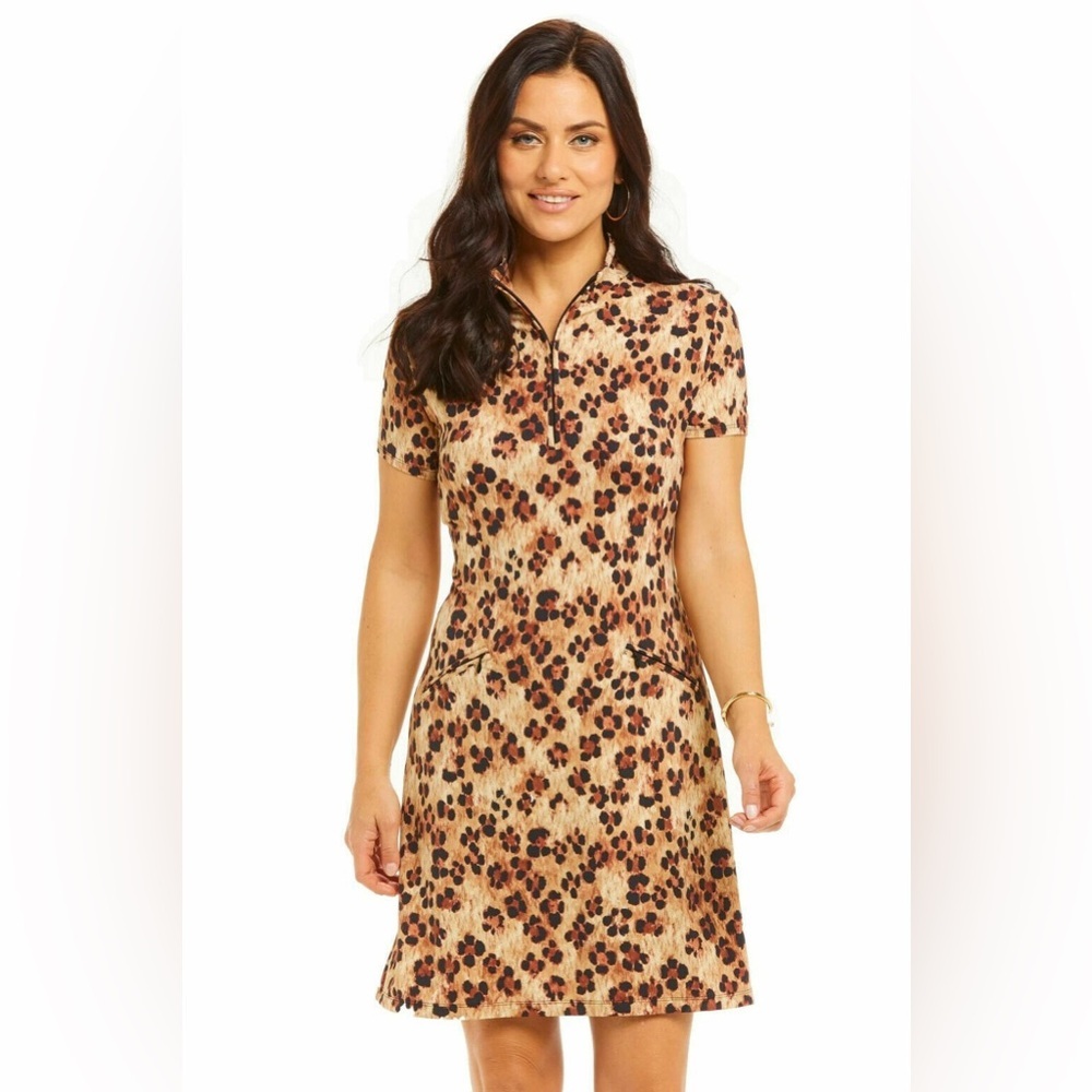 IBKUL Le Leopard Zip Mock Neck Short Sleeve‎ Dress Natural/Black Golf UPF50